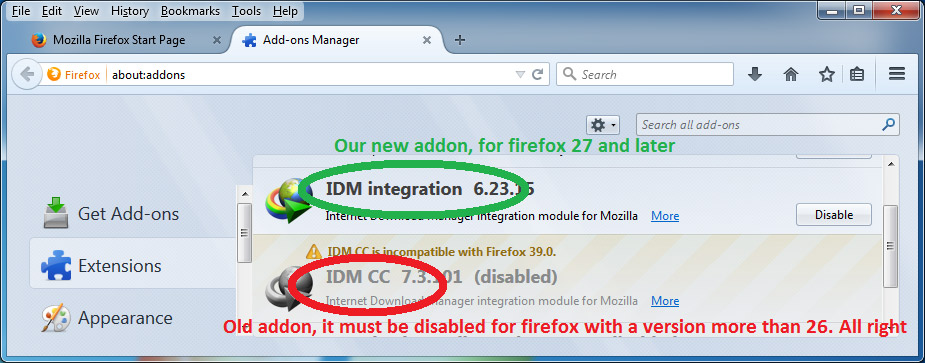 Old IDM add-on must disabled for FireFox with a version more than 26
