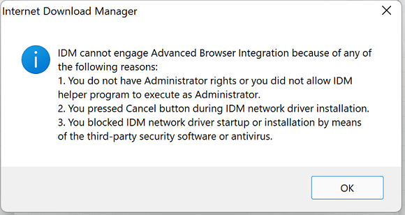 Cannot enable advanced browser integration in IDM