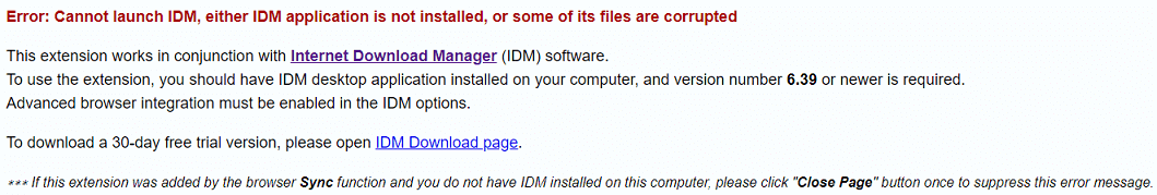 Browser shows error that it cannot launch IDM