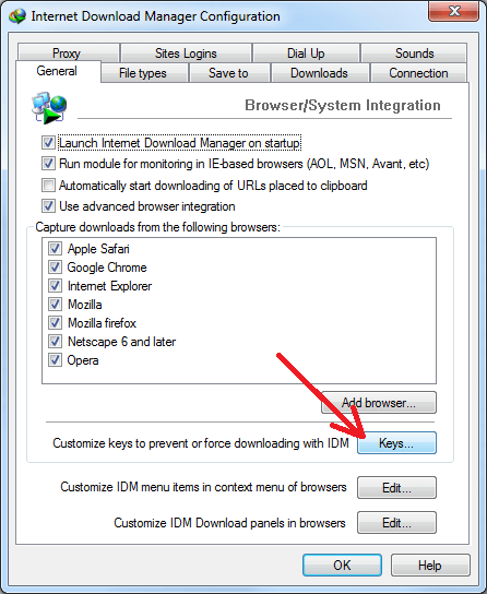 Open dialog to customize keys to to prevent or force a download with IDM