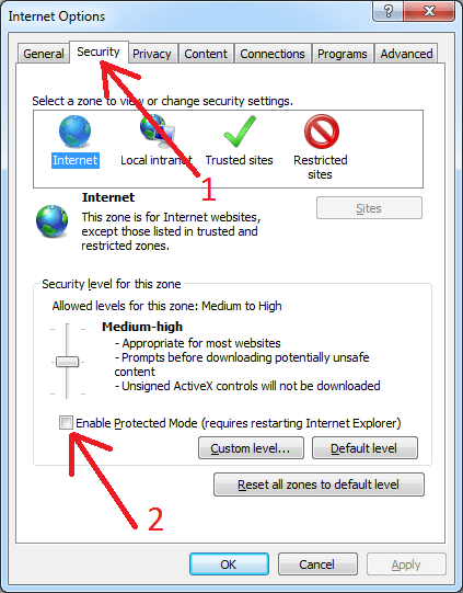 Disable protected mode in Internet Explorer