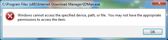 'Windows cannot access the specified device, path or file' message