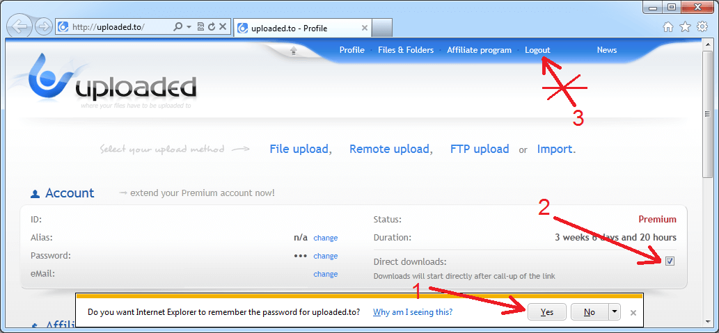Let your browser to remember your login information for Uploaded.net