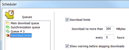 Setting download limits in Internet Download Manager 'Scheduler' dialog